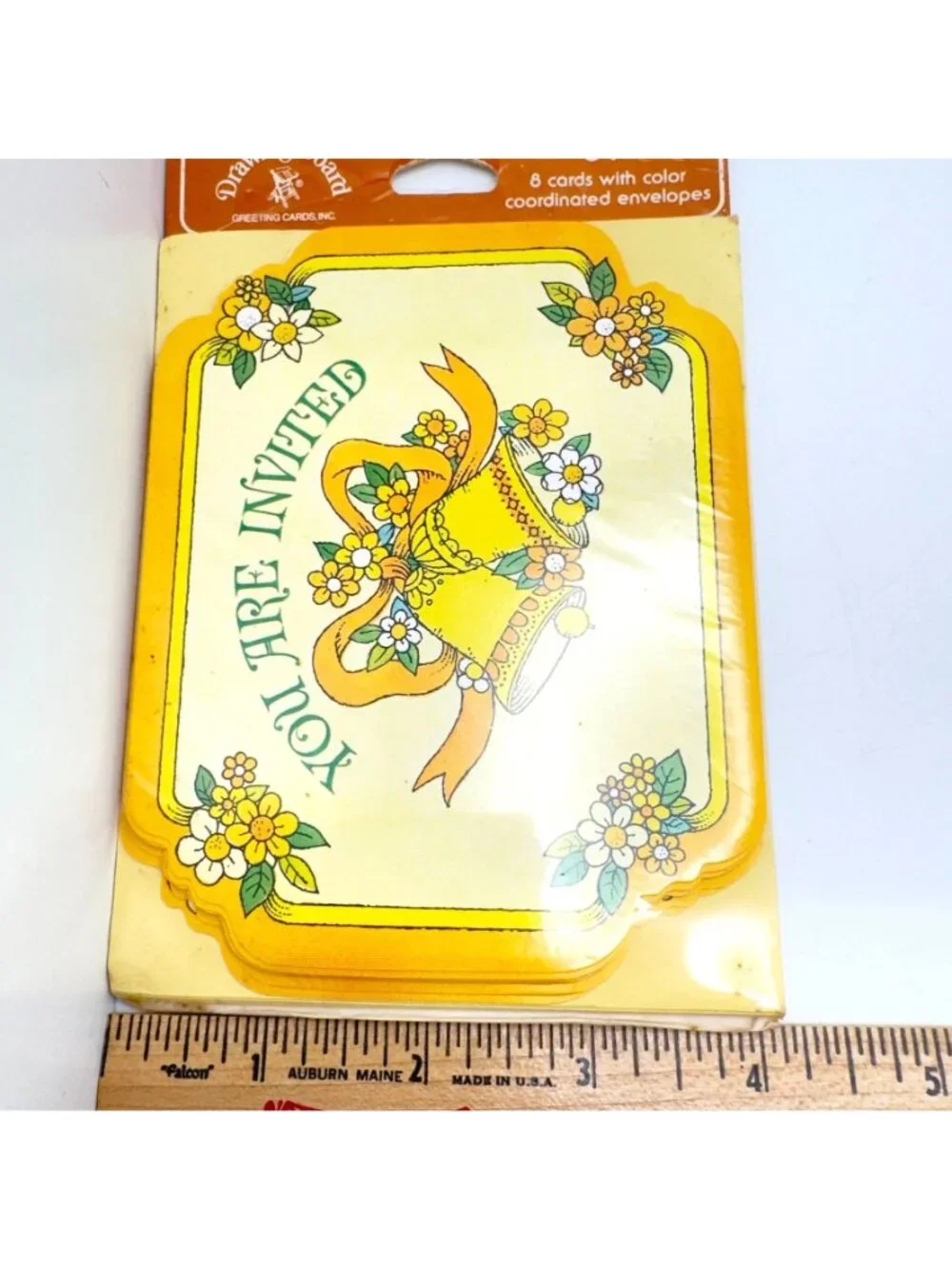 Vtg Drawing Board You Are Invited Cards Envelopes Yellow Floral Bell Set Of 8